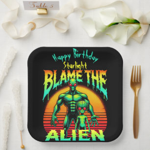 Vibrant Sunset Frames Green Alien Paper Plate