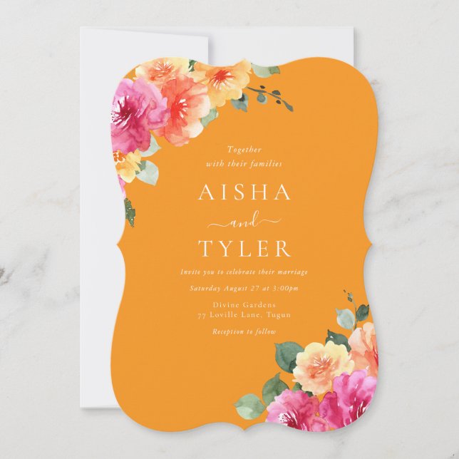 Vibrant Sunset Glow Floral Watercolor Wedding Invitation (Front)