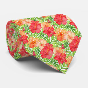 Vibrant Sunset Glow Watercolor Tropical Hibiscus Tie