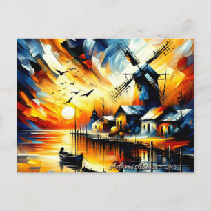 Vibrant Sunset Harbour Windmill Holiday Postcard