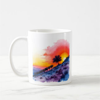 Vibrant Sunset Hillside with Lone Tree Watercolor Coffee Mug