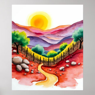Vibrant Sunset Hillside with Lone Tree Watercolor Poster