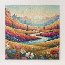 Vibrant Sunset Modern Mountain Landscape & Flower