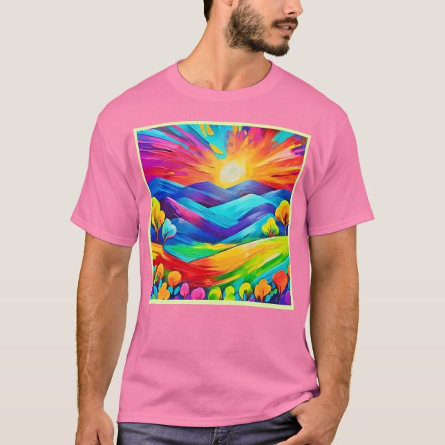 Vibrant Sunset Mountain Art Print T-Shirt (Front)