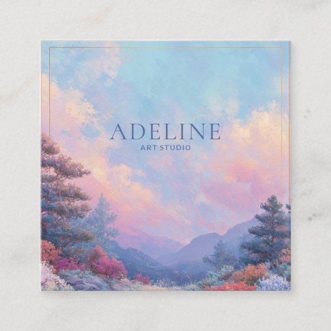 Vibrant Sunset Mountain Woodland Gold Frame Square Business Card (Front)