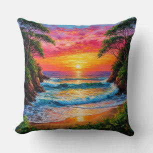 Vibrant Sunset Over Ocean Shore Cushion