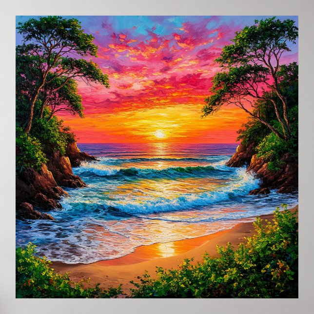 Vibrant Sunset Over Ocean Shore Poster (Front)