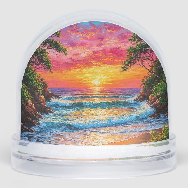 Vibrant Sunset Over Ocean Shore Snowglobe (Front)