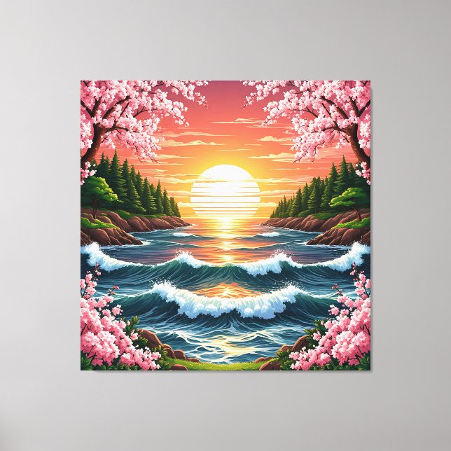 Vibrant Sunset Over Ocean Waves Canvas Print (Front)