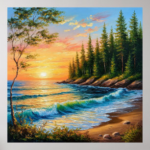 Vibrant Sunset Over Ocean Waves Poster