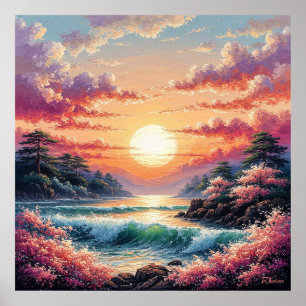 Vibrant Sunset Over Ocean Waves Poster