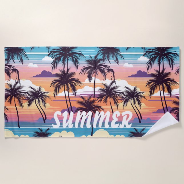 Vibrant Sunset Palm Beach Towel (Front)