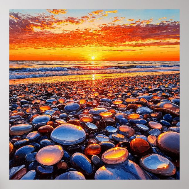 Vibrant Sunset Reflection on Smooth Pebbles Poster (Front)