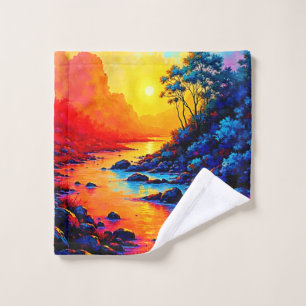 Vibrant Sunset River Landscape Art Bath Towel Set