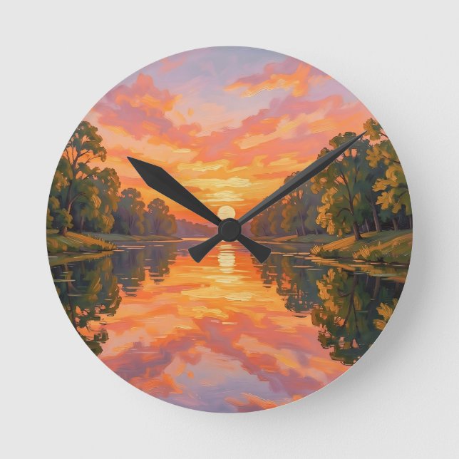 Vibrant Sunset River Reflection Round Clock (Front)