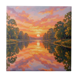 Vibrant Sunset River Reflection Tile