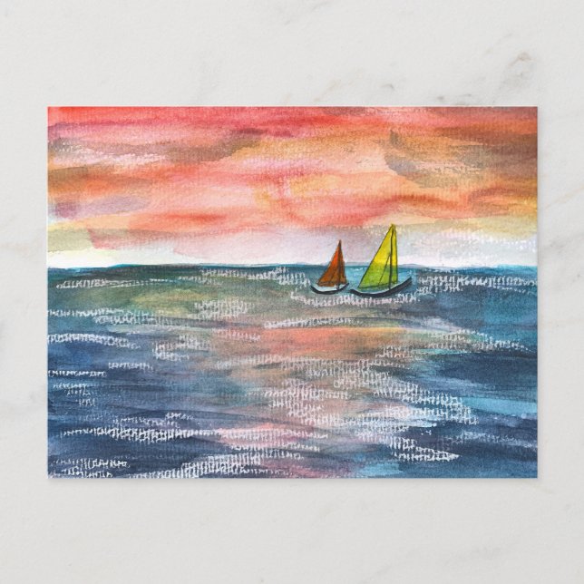 Vibrant Sunset Sailing Watercolor Art Holiday Postcard (Front)