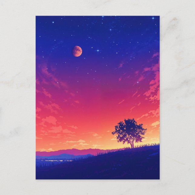 Vibrant Sunset Tree and Blood Moon Postcard (Front)