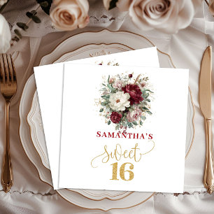 Vibrant Sweet 16 Blush Burgundy Floral Napkins