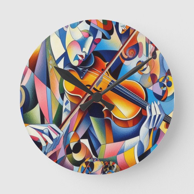 Vibrant Symphony: Abstract Violinist Art Round Clock (Front)