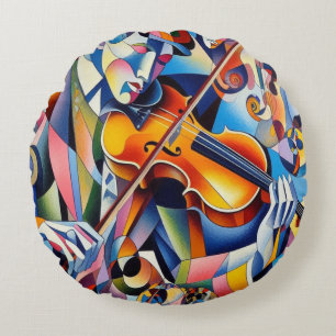 Vibrant Symphony: Abstract Violinist Art Round Cushion