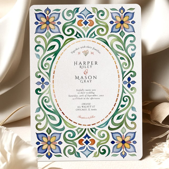 Vibrant Talavera Tile Watercolor Floral Wedding Invitation (Creator Uploaded)