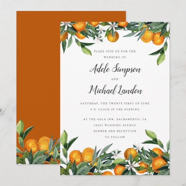 Vibrant Tangerine Citrus leaves watercolor wedding Invitation (Front/Back)
