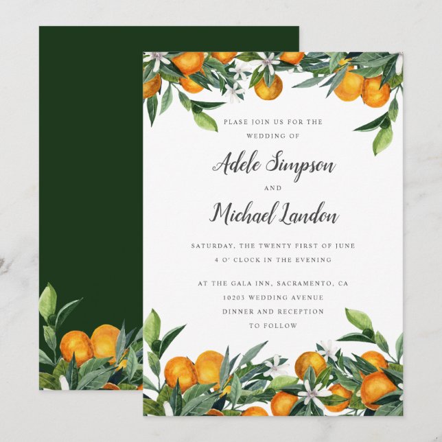 Vibrant Tangerine Citrus leaves watercolor wedding Invitation (Front/Back)