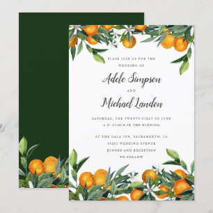 Vibrant Tangerine Citrus leaves watercolor wedding Invitation