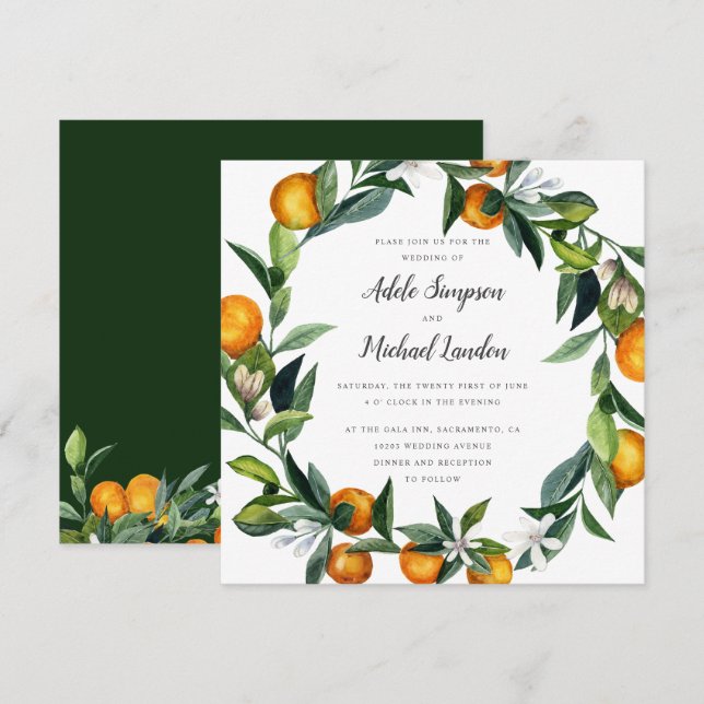 Vibrant Tangerine Citrus wreath watercolor wedding Invitation (Front/Back)