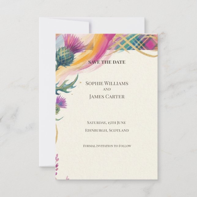Vibrant Tartan Thistle Save The Date Card (Front)