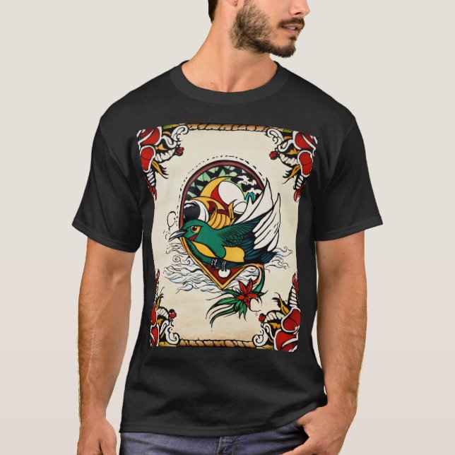 Vibrant Tattoo-Inspired Bird & Floral Art T-Shirt (Front)