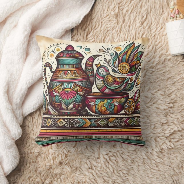 Vibrant tea set in a cosy nook cushion (Blanket)