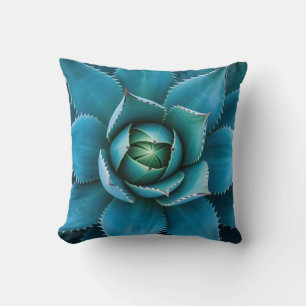Vibrant Teal Agave Succulent Macro Geometric Cushion