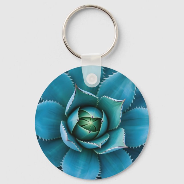 Vibrant Teal Agave Succulent Macro Geometric  Key Ring (Front)