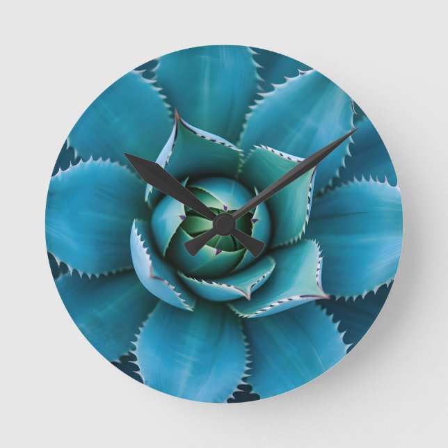 Vibrant Teal Agave Succulent Macro Geometric  Round Clock (Front)