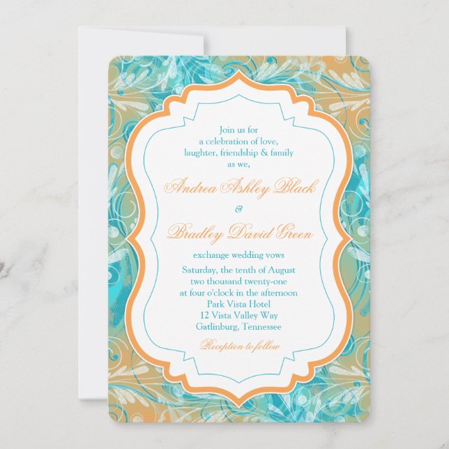 Vibrant Teal and Orange Floral Wedding Invitation (Front)