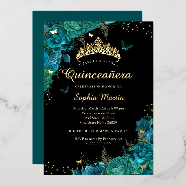 Vibrant Teal Elegant Floral Butterfly Quinceanera  (Front/Back)