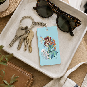 Vibrant Teal Fantasy Mermaid Illustration Key Ring