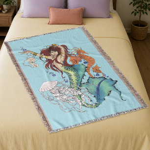 Vibrant Teal Fantasy Mermaid Illustration Throw Blanket