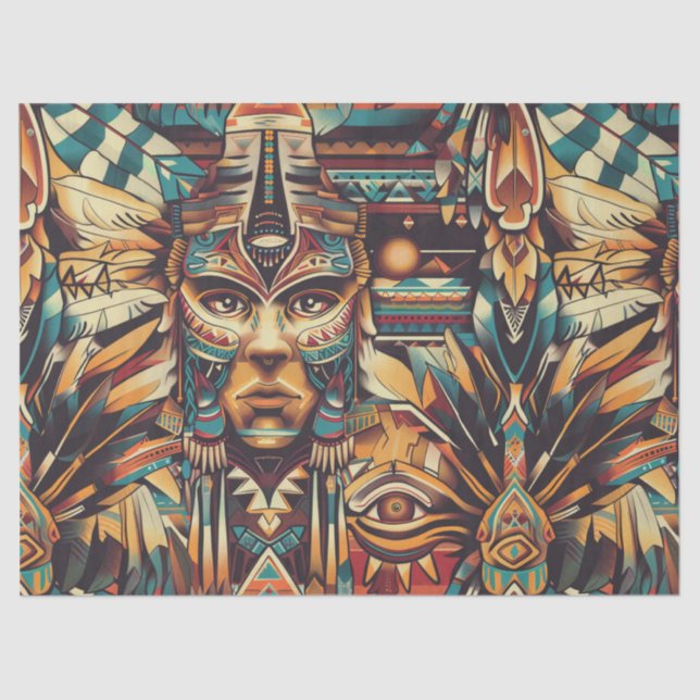 Vibrant Teal "Mesoamerican Motif" Wrap Tissue Pape Tissue Paper (Front)