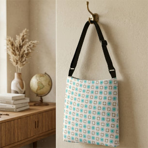 Vibrant Teal Orange Geometric Floral Pattern Crossbody Bag