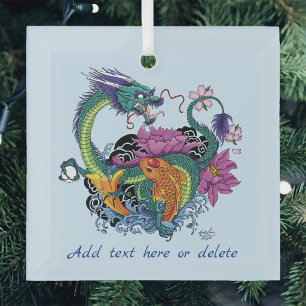 Vibrant Teal Oriental Koi Dragon Lotus Flower Glass Tree Decoration