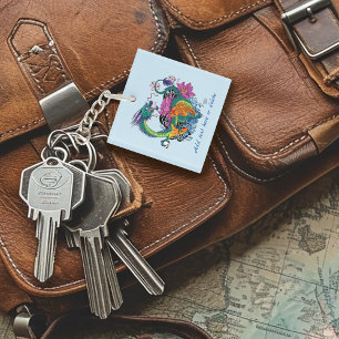 Vibrant Teal Oriental Koi Dragon Lotus Flower Key Ring