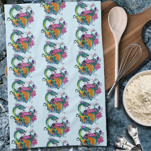 Vibrant Teal Oriental Koi Dragon Lotus Flower Tea Towel