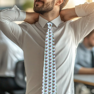 Vibrant Teal Oriental Koi Dragon Lotus Flower Tie