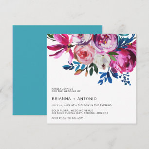 Vibrant Teal Pink Bright Floral Modern Wedding Invitation
