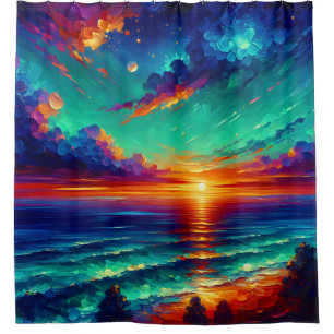 “Vibrant Teal Tides: Sunset Over Ocean” Shower Curtain