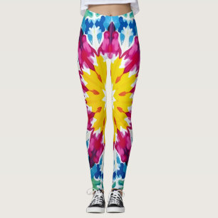 Vibrant tie-dye explosion in yellow, pink, and blu leggings