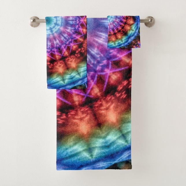 Vibrant Tie Dye Kaleidoscope Rainbow Mandala Bath Towel Set (Insitu)